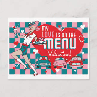 Carhop Retro Drive-In Valentine Postcard