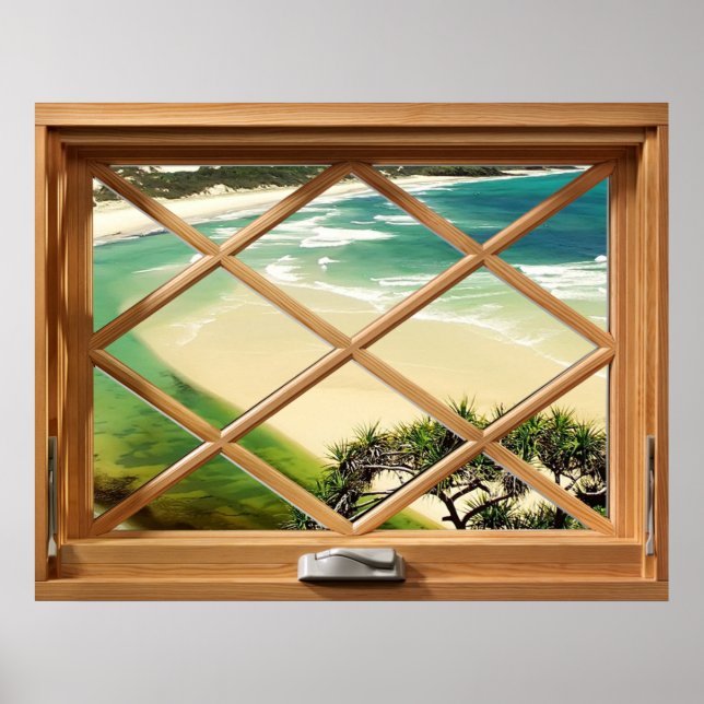 Caribbean Beach - Green Sea View Faux Fake Window Poster (Front)