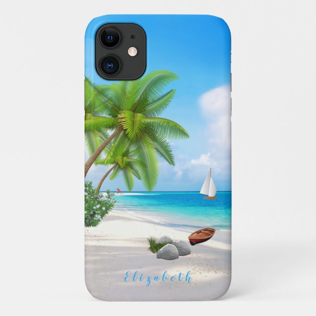 Caribbean Beach Illustration Name Template Case-Mate iPhone Case (Back)