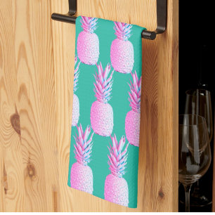 Caribbean Blue Colorful Pink Pineapples Tea Towel
