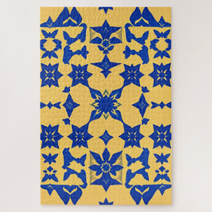 Caribbean Blue Gold Tile Motif Pattern Azulejo Jigsaw Puzzle