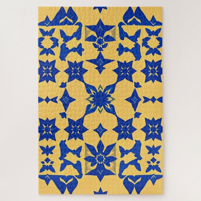 Caribbean Blue Gold Tile Motif Pattern Azulejo  Jigsaw Puzzle (Vertical)