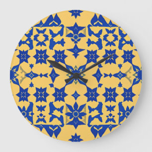 Caribbean Blue Gold Tile Motif Pattern Azulejo Large Clock