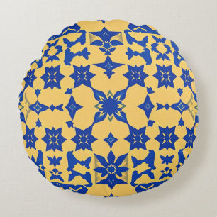 Caribbean Blue Gold Tile Motif Pattern Azulejo Round Cushion