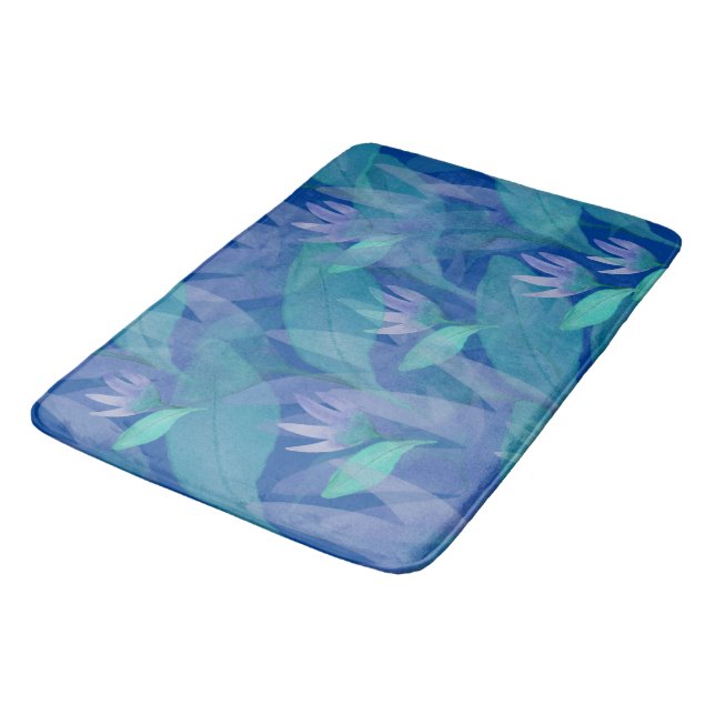 Caribbean Blue Green Watercolor Purple Flowers Bath Mat (Angled)
