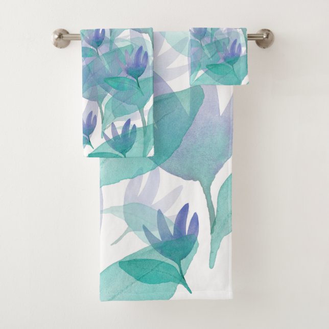 Caribbean Blue Green Watercolor Wonder Flowers Bath Towel Set (Insitu)