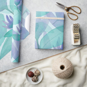 Caribbean Blue Green Watercolor Wonder Flowers Wrapping Paper