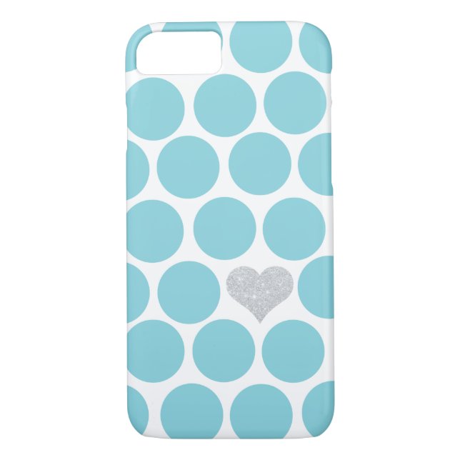 Caribbean Blue Polka Dots Silver Glitter Heart Case-Mate iPhone Case (Back)