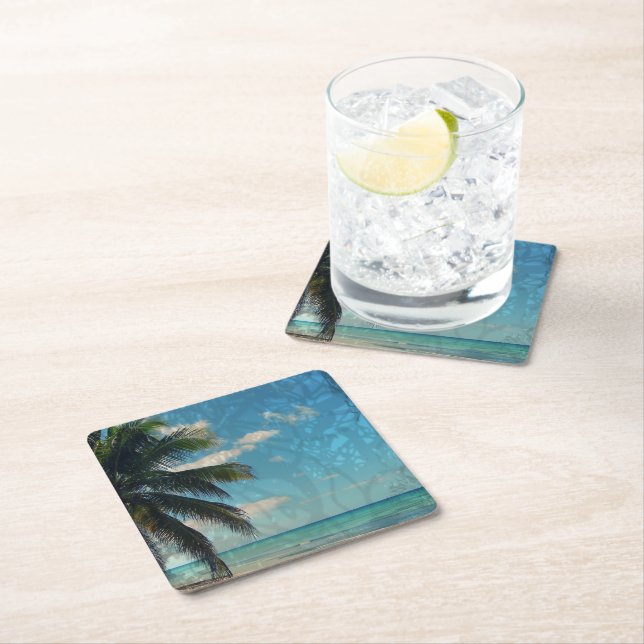 Caribbean Blue Square Paper Coaster (Insitu)