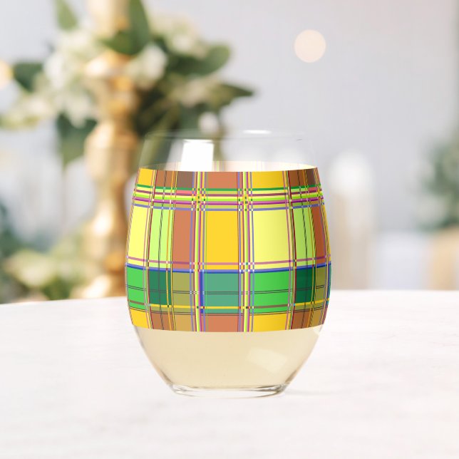 Caribbean Colorful Fabric Madras Tartan Stemless Wine Glass (Insitu (Wedding))