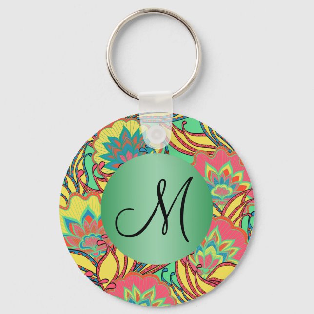 Caribbean Colours Boho Floral Monogrammed Key Ring (Front)