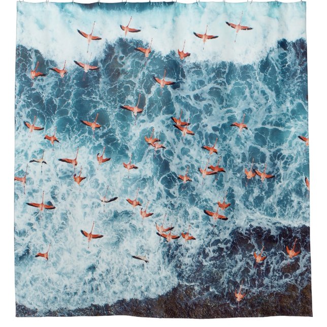 Caribbean Flamingos: Nature's Flight Scene Shower Curtain (Front)