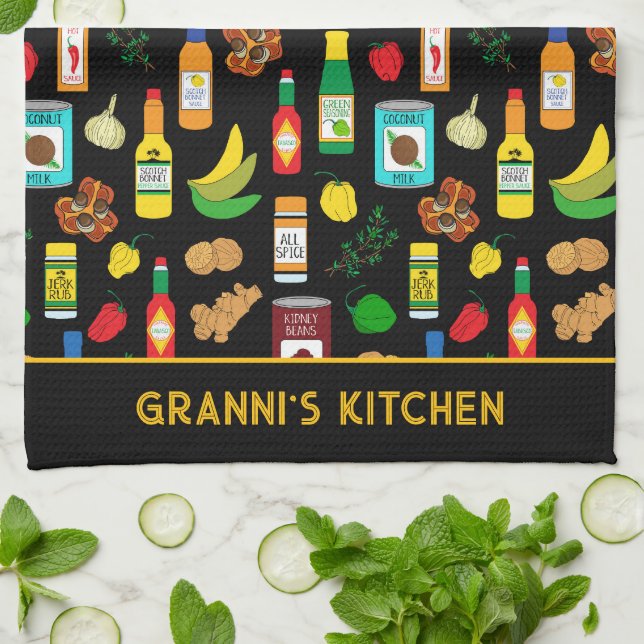 Caribbean Food Patterned Custom Name Tea Towel (Folded)