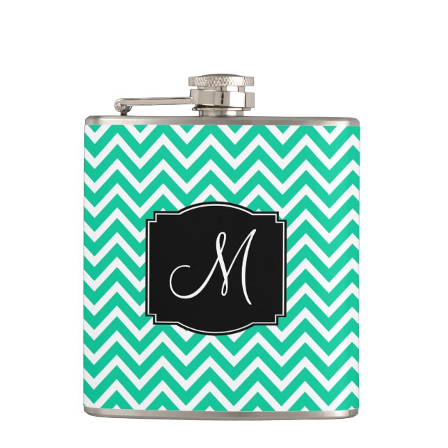Caribbean Green Chevron Pattern with Monogram Hip Flask (Front)