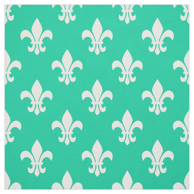 Caribbean Green, White Fleur De Lis Pattern Fabric (Swatch)