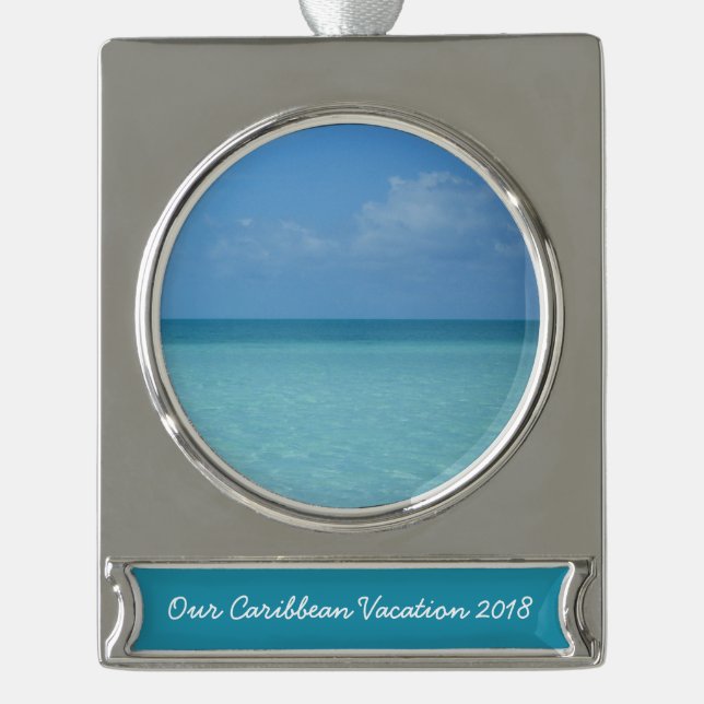 Caribbean Horizon Tropical Turquoise Blue Silver Plated Banner Ornament (Front)
