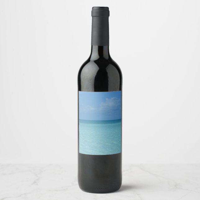 Caribbean Horizon Tropical Turquoise Blue Wine Label (Front)