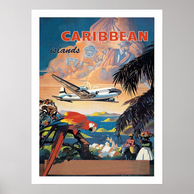 Caribbean islands by aeroplane, vintage airline poster (Front)