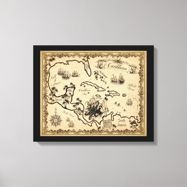 Caribbean Map with Kraken Canvas Print (Front)