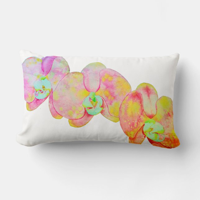 Caribbean orchids, tropical watercolor flowers lumbar cushion (Front)