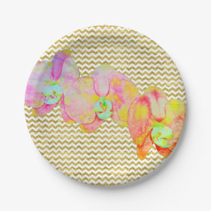Caribbean orchids, tropical watercolor flowers paper plate