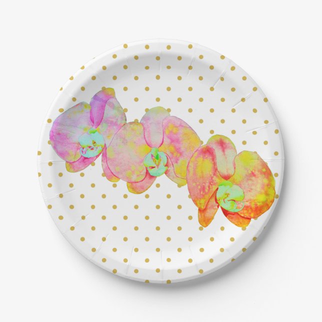 Caribbean orchids, tropical watercolor flowers paper plate (Front)