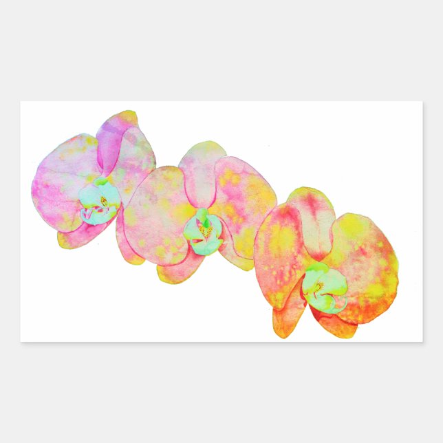Caribbean orchids, tropical watercolor flowers rectangular sticker (Front)