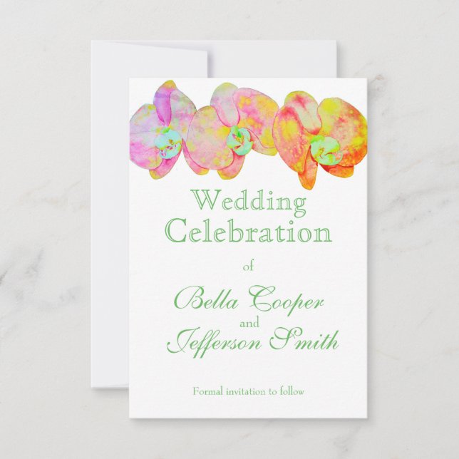 Caribbean orchids, tropical watercolor flowers save the date (Front)