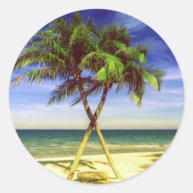 Caribbean Palm Tree Tropical Island Beach Classic Round Sticker (Front)