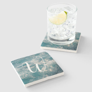 Caribbean Sea Blue White Waves Seascape Monogram Stone Coaster