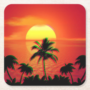 Caribbean Sunset Vaporwave Aesthetic Retro 80s 90s Square Paper Coaster