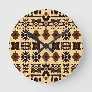 Caribbean Tribal Block Pattern — Earthy Tan Brown Round Clock