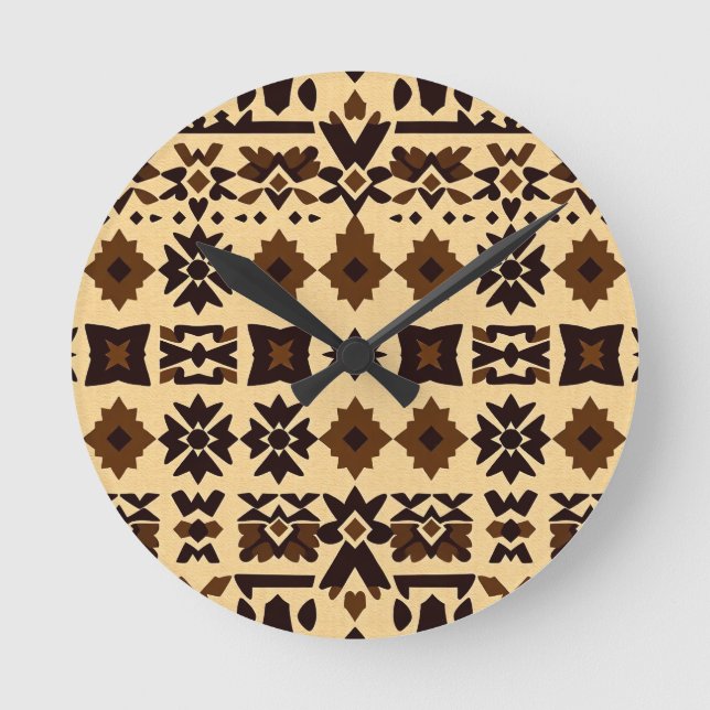 Caribbean Tribal Block Pattern — Earthy Tan Brown  Round Clock (Front)