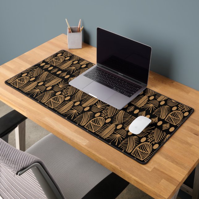 Caribbean Tribal Mudcloth: Black, Gold Desk Mat (Office 2)