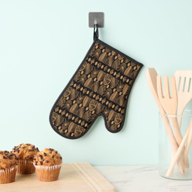 Caribbean Tribal Mudcloth: Black, Gold Oven Mitt (Insitu(Hanging))