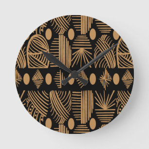 Caribbean Tribal Mudcloth: Black, Gold Round Clock
