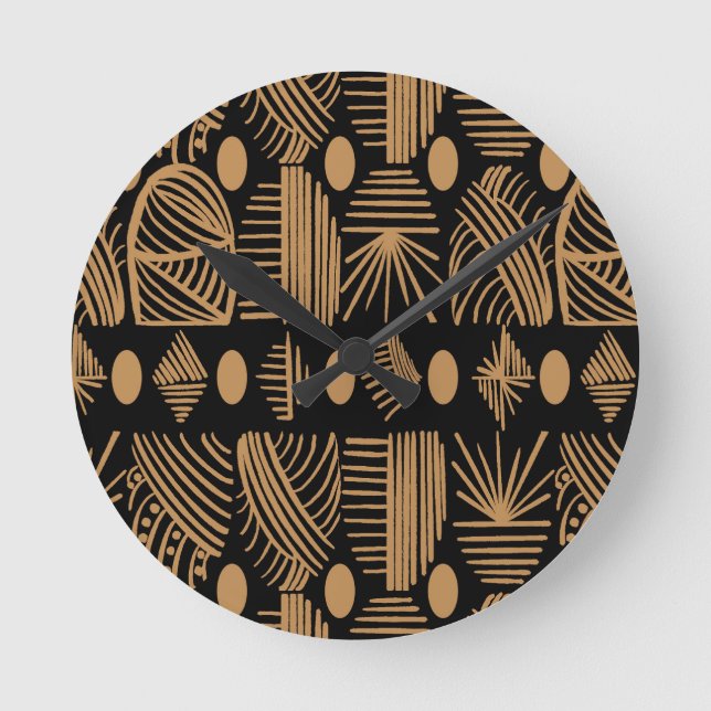 Caribbean Tribal Mudcloth: Black, Gold Round Clock (Front)