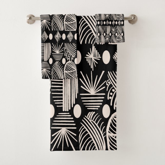 Caribbean Tribal Mudcloth: Black, White, Bath Towel Set (Insitu)
