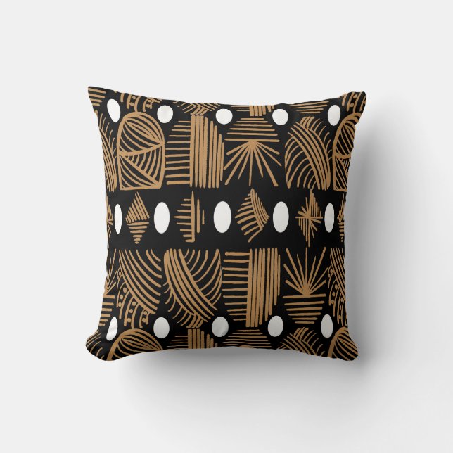 Caribbean Tribal Mudcloth: Black, White, Gold Cushion (Front)