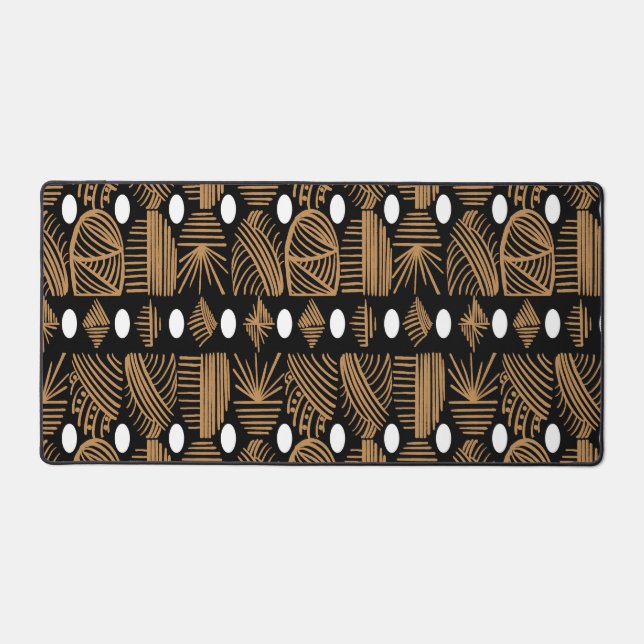 Caribbean Tribal Mudcloth: Black, White, Gold Desk Mat (Front)
