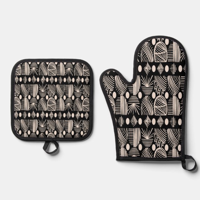 Caribbean Tribal Mudcloth: Black, White, Oven Mitt & Pot Holder Set (Front)