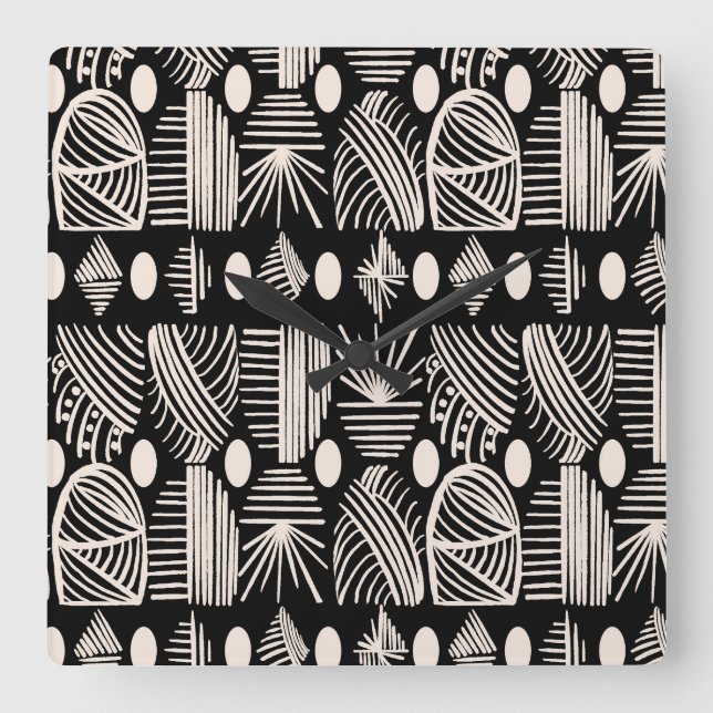 Caribbean Tribal Mudcloth: Black, White, Square Wall Clock (Front)