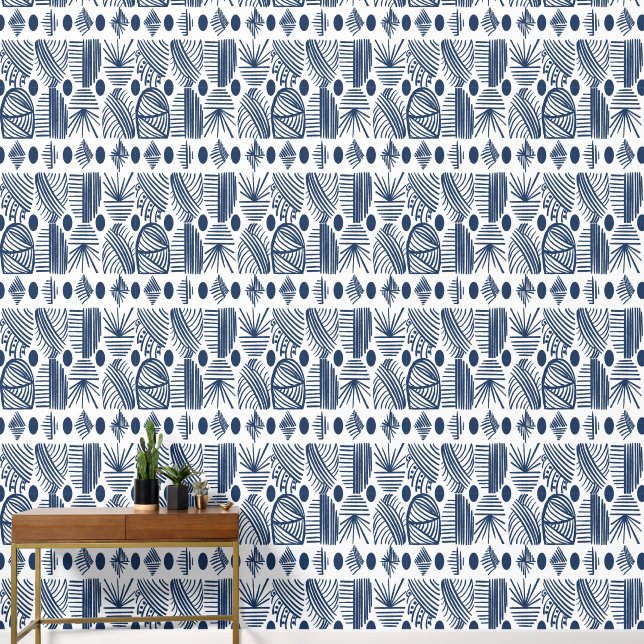 Caribbean Tribal Mudcloth: Blue and White Wallpaper (Hallway)