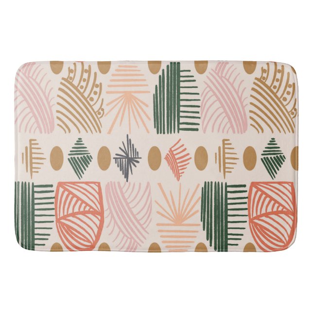 Caribbean Tribal Mudcloth: Boho Dark Green, Pink Bath Mat (Front)