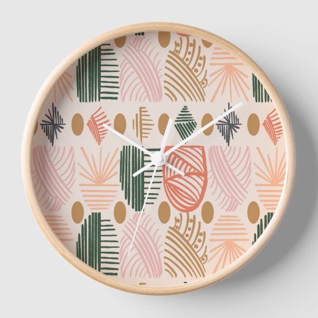 Caribbean Tribal Mudcloth: Boho Dark Green, Pink Clock (Front)