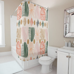 Caribbean Tribal Mudcloth: Boho Dark Green, Pink Shower Curtain