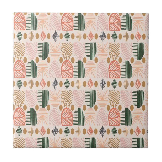 Caribbean Tribal Mudcloth: Boho Dark Green, Pink Tile (Front)