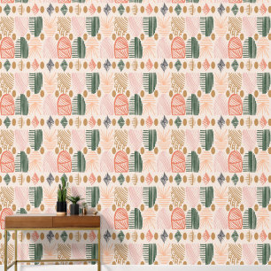 Caribbean Tribal Mudcloth: Boho Dark Green, Pink Wallpaper