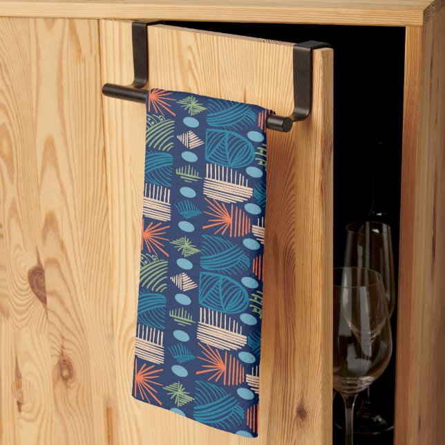 Caribbean Tribal Mudcloth: Festive Blue, Orange Tea Towel (Thirds Fold)