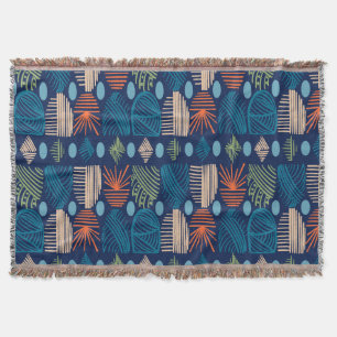 Caribbean Tribal Mudcloth: Festive Blue, Orange Throw Blanket